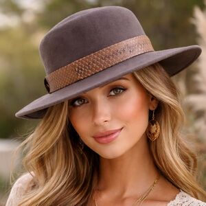 Womens Taupe Felt Wide-Brim Hat with Braided Leather Band